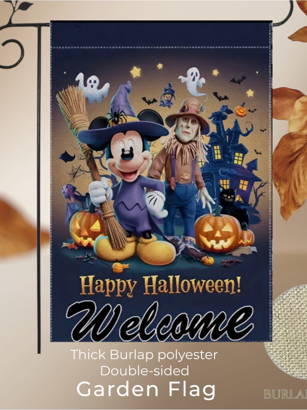 Halloween Mickey Mouse Garden Flag, approximately 12”x18”, burlap